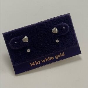 14k White Gold Hearts & Cubic Zirconia Crystal Small Stud Earrings NEW Vintage